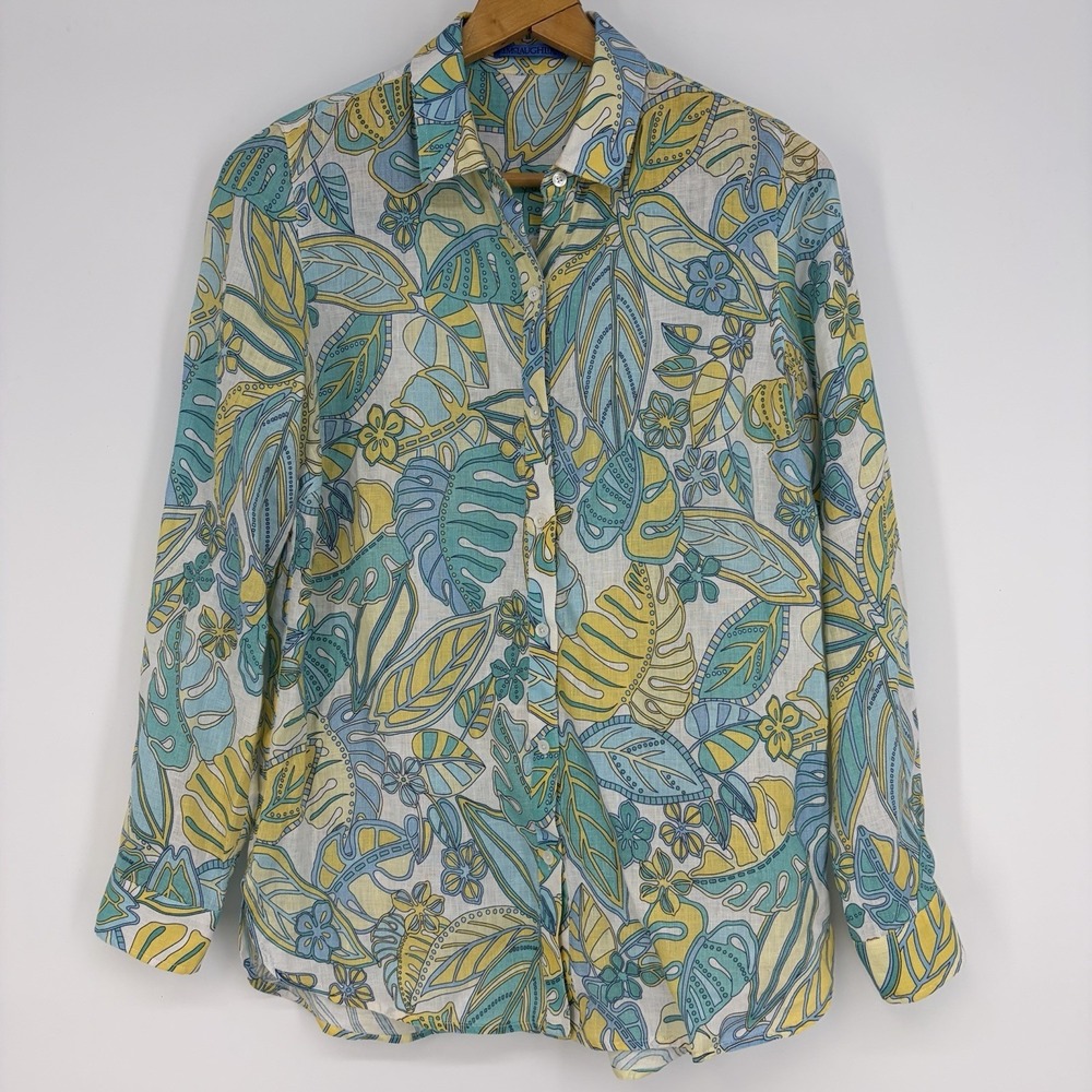 J. McLaughlin Women Linen Button Shirt S Blue Yellow Tropical Coastal Preppy Sea